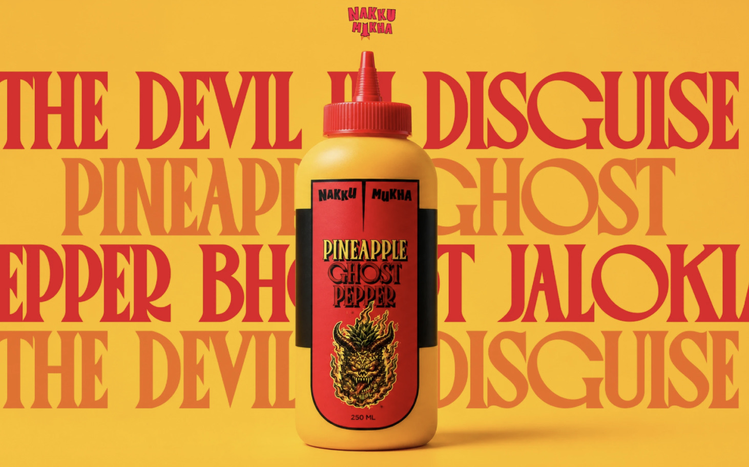 A Pineapple Ghost Pepper hot sauce bottle in front of a poster that reads The Devil in Disguise